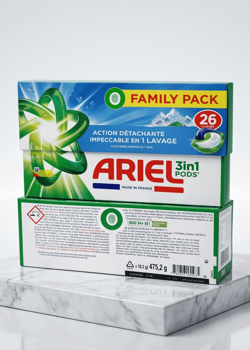 Ariel 3en1 Pods lessive capsules pack familial 26 lavages action détachante