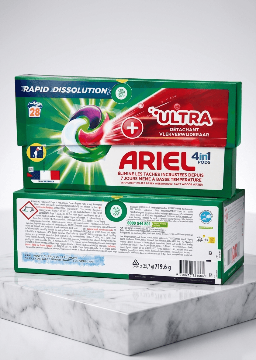 Ariel 4en1 Pods ultra détachant lessive capsules 28 lavages dissolution rapide